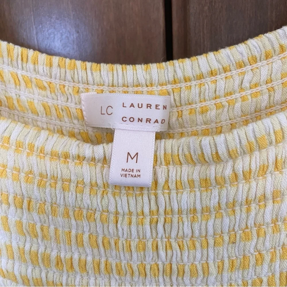 LC Lauren Conrad Smocked Dress Yellow Tie Shoulder Detail Size M - Picture 6 of 7